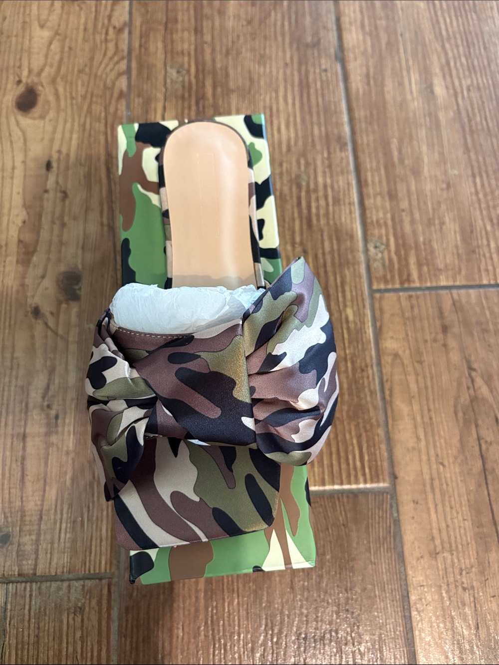Womens Camo Bow Slide Sandal - Brown/Green- size says 39